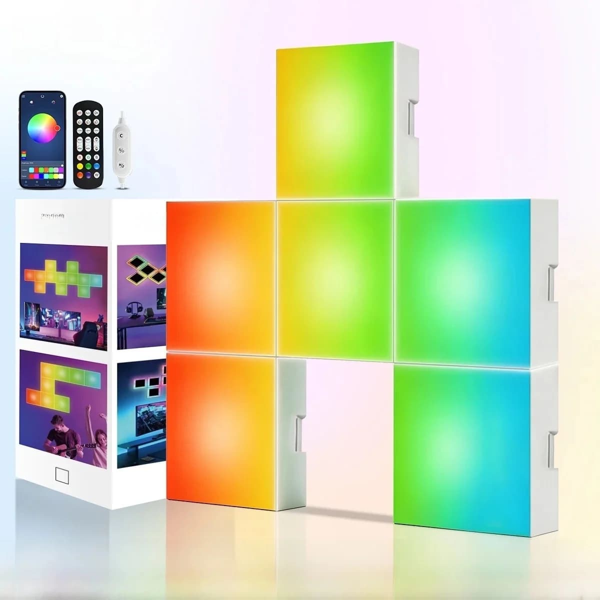 Paneles luminosos cuadrados RGB con sincronización musical, montables en pared