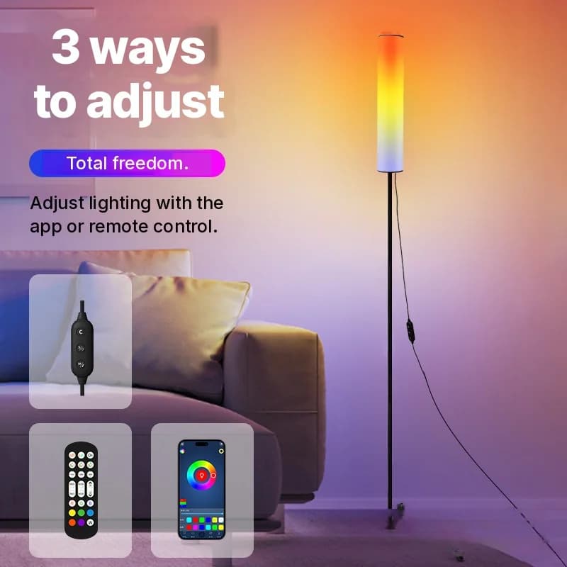 Lámpara de pie trípode LED RGB con mando a distancia para dormitorio y salón
