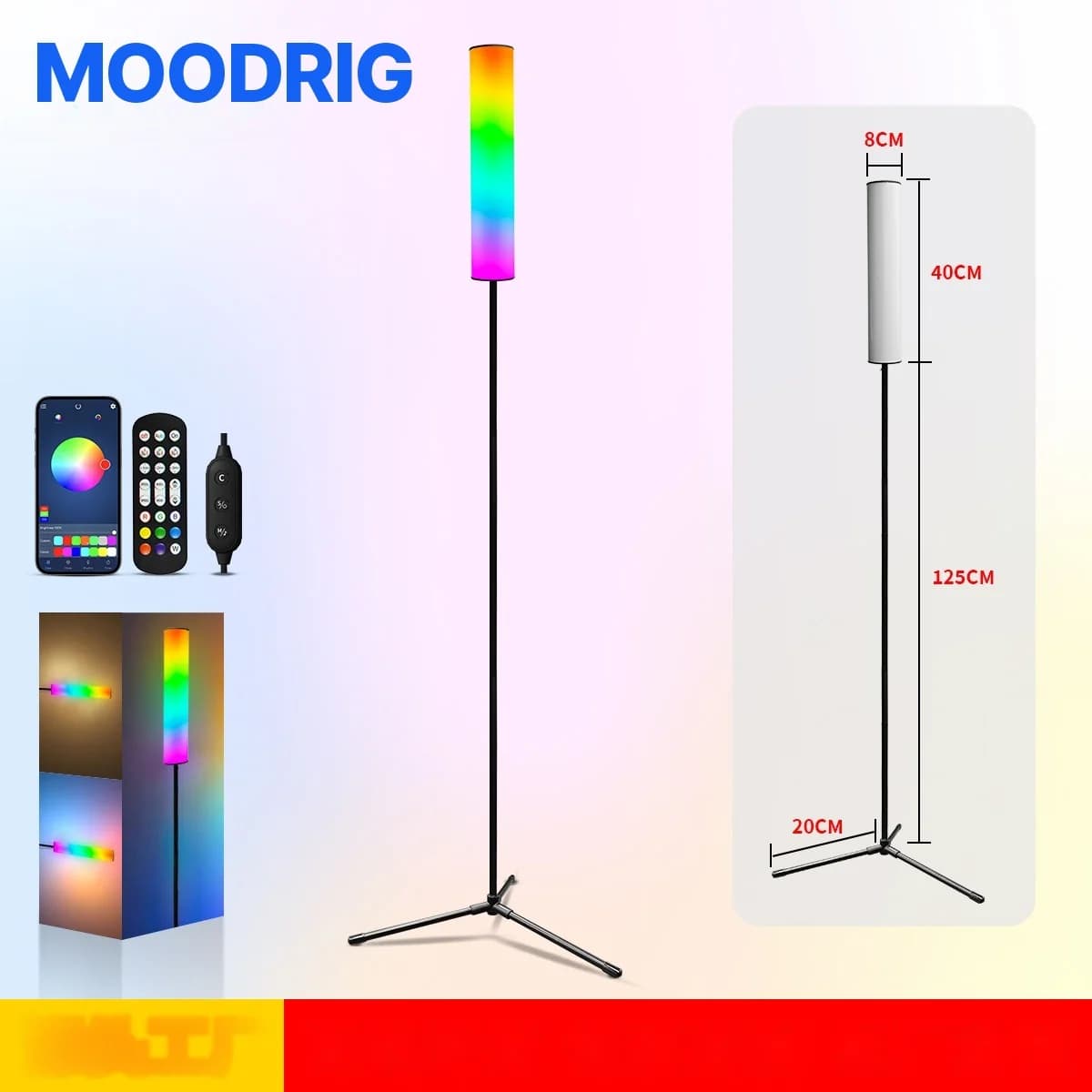 Lámpara de pie trípode LED RGB con mando a distancia para dormitorio y salón